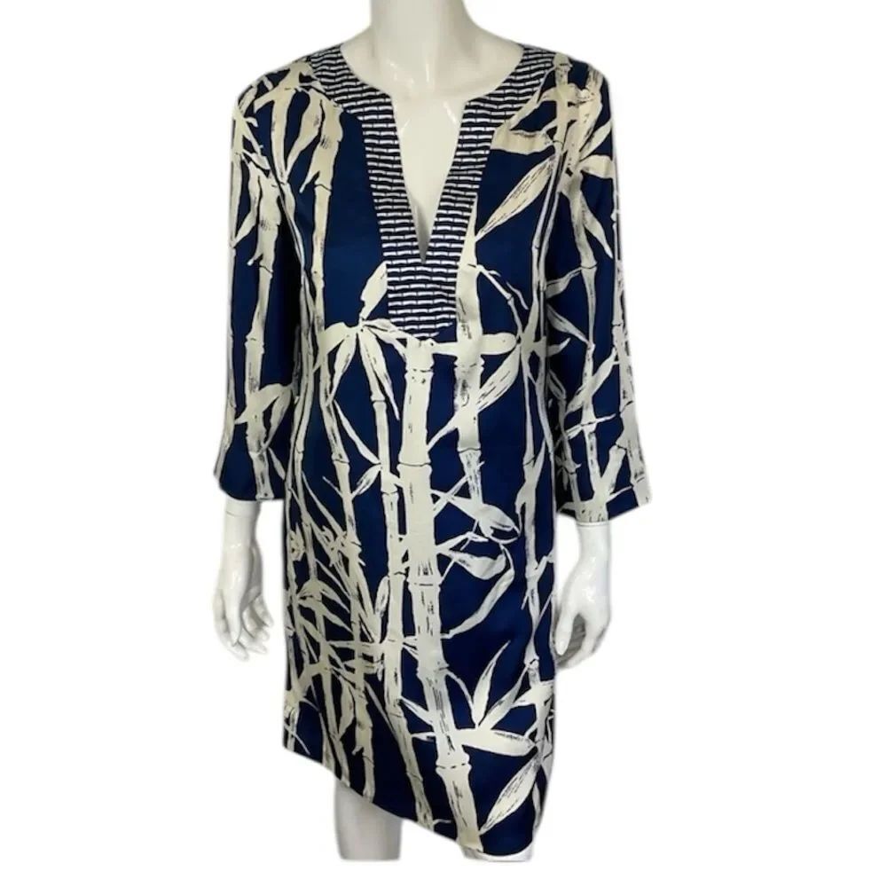 J. McLaughlin Navy Blue & White Amalfi Bamboo Pattern Knee Length Tunic Dress S